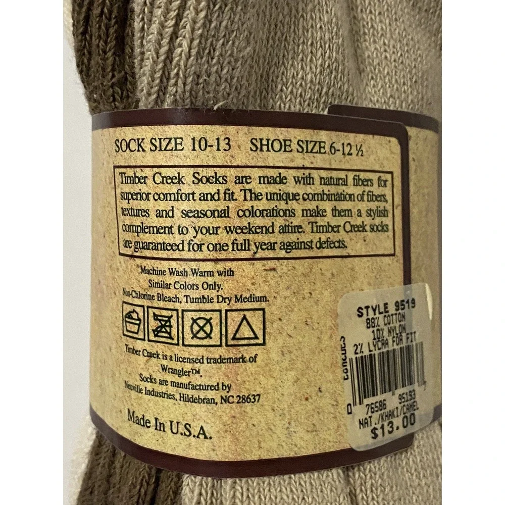 Nos 3 Pair Timber Creek Wrangler USA Made Cotton Rib Socks 10-13 Shoe Size 6-12